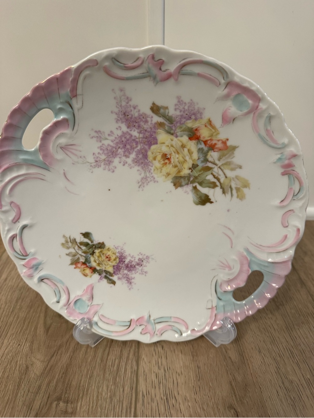 Gorgeous Antique Cake Plate Unmarked Embossing Scalloped Roses & Lilac 10x10.5”